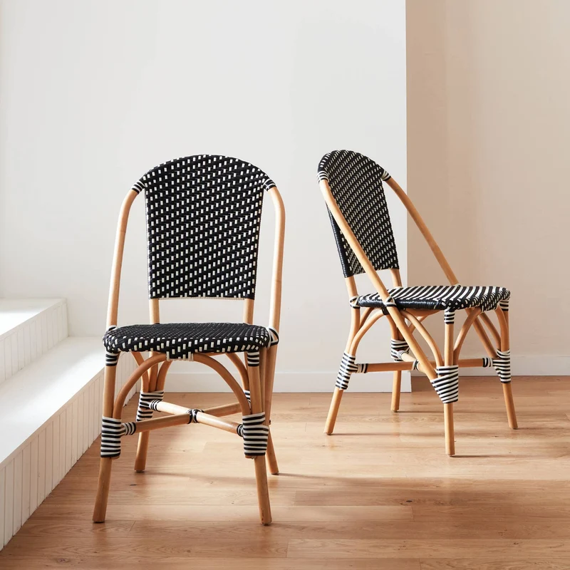 Alice's Home - Lot de 2 chaises empilables bistrot en rotin et polyrotin Noir et Blanc. L 48 x P 58 x H 90cm