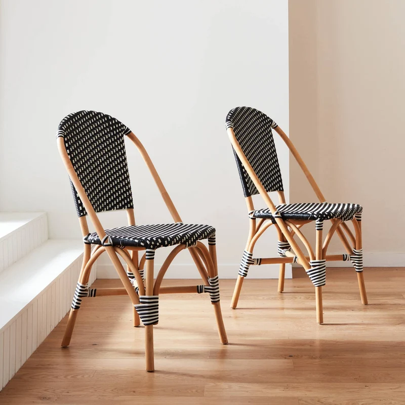 Alice's Home - Lot de 2 chaises empilables bistrot en rotin et polyrotin Noir et Blanc. L 48 x P 58 x H 90cm