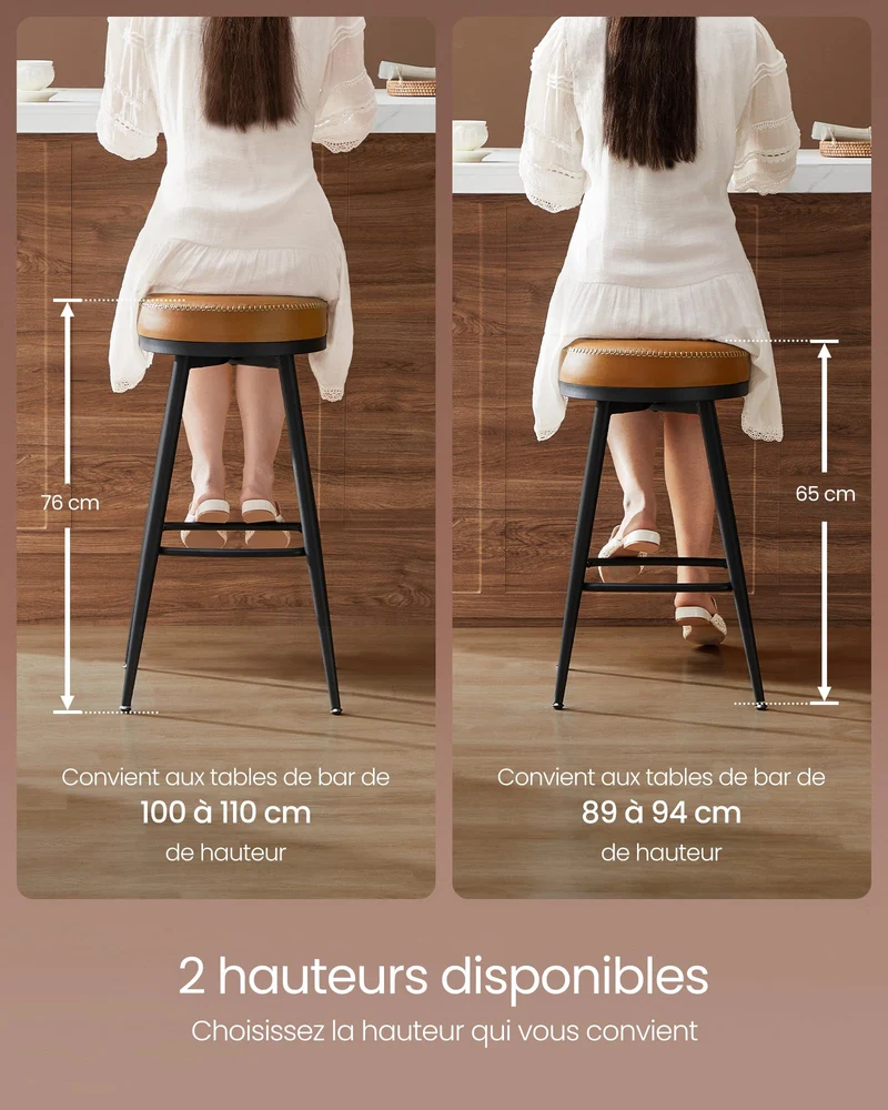 VASAGLE EKHO Collection - Tabouret de Bar Pivotant à 360°, Lot de 2, Hauteur de Bar, PU avec Coutures, Style Moderne Mi-siècle, Hauteur 76 cm, pour Cuisine, Bar, Montage Facile, Marron Caramel