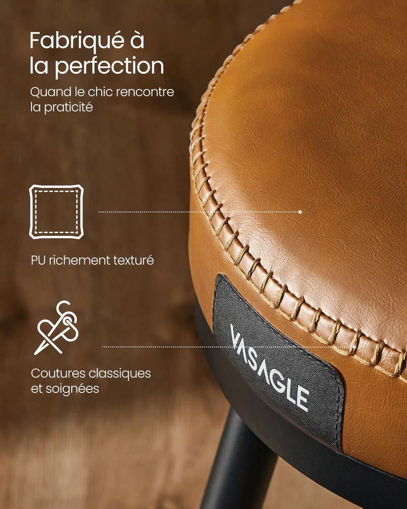 VASAGLE EKHO Collection - Tabouret de Bar Pivotant à 360°, Lot de 2, Hauteur de Bar, PU avec Coutures, Style Moderne Mi-siècle, Hauteur 76 cm, pour Cuisine, Bar, Montage Facile, Marron Caramel