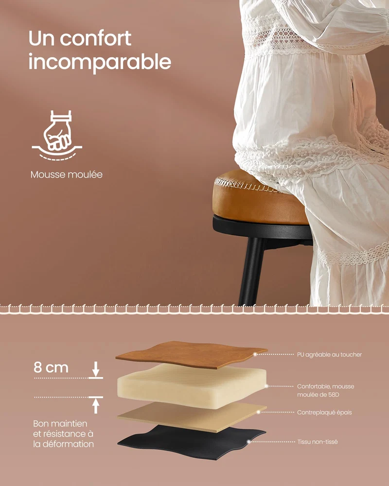 VASAGLE EKHO Collection - Tabouret de Bar Pivotant à 360°, Lot de 2, Hauteur de Bar, PU avec Coutures, Style Moderne Mi-siècle, Hauteur 76 cm, pour Cuisine, Bar, Montage Facile, Marron Caramel
