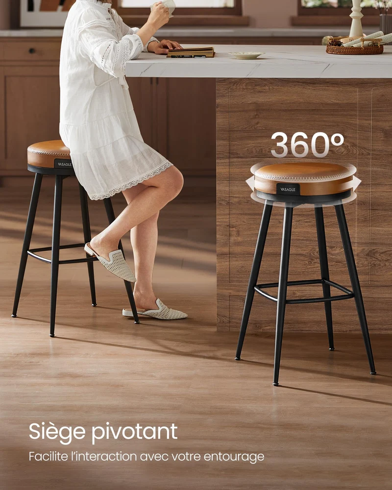 VASAGLE EKHO Collection - Tabouret de Bar Pivotant à 360°, Lot de 2, Hauteur de Bar, PU avec Coutures, Style Moderne Mi-siècle, Hauteur 76 cm, pour Cuisine, Bar, Montage Facile, Marron Caramel