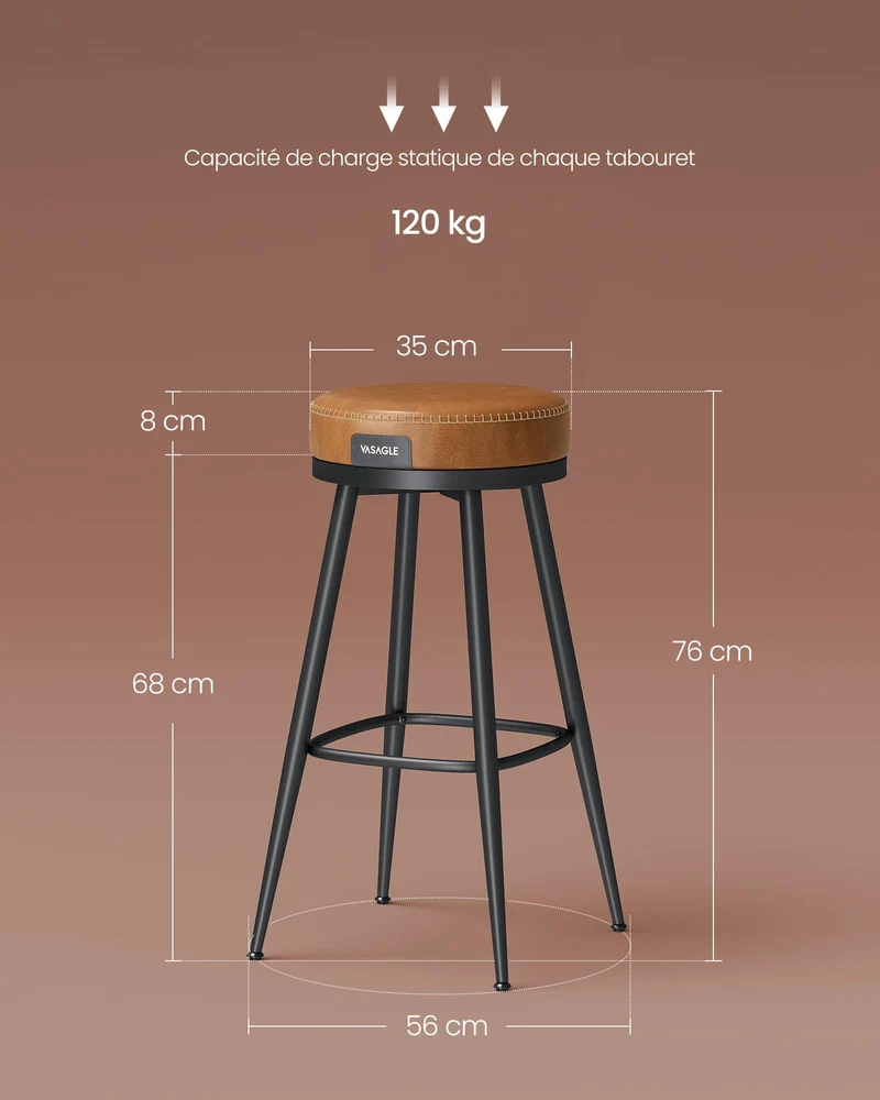 VASAGLE EKHO Collection - Tabouret de Bar Pivotant à 360°, Lot de 2, Hauteur de Bar, PU avec Coutures, Style Moderne Mi-siècle, Hauteur 76 cm, pour Cuisine, Bar, Montage Facile, Marron Caramel