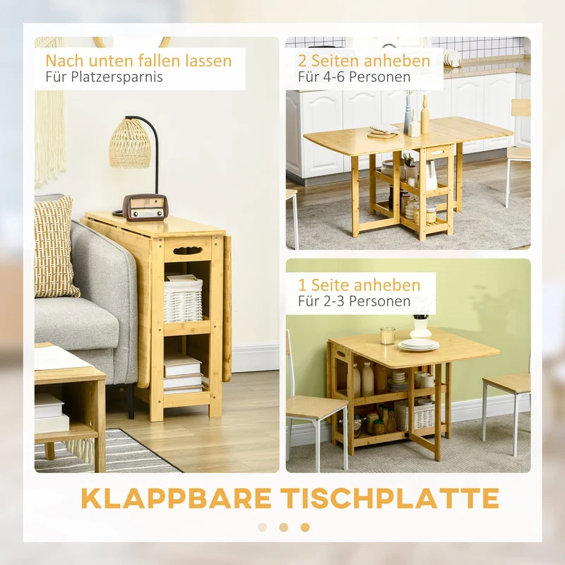 HOMCOM Table à manger pliante pour 6 personnes avec étagères - Table de cuisine et salle à manger pour petits espaces - 149,5 x 80 x 73,5 cm - Naturel