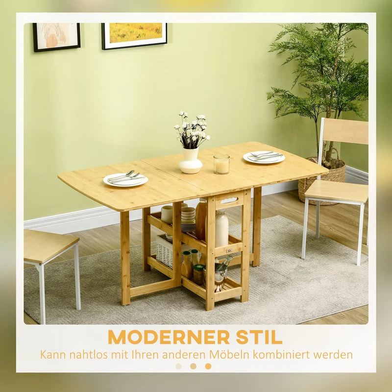 HOMCOM Table à manger pliante pour 6 personnes avec étagères - Table de cuisine et salle à manger pour petits espaces - 149,5 x 80 x 73,5 cm - Naturel