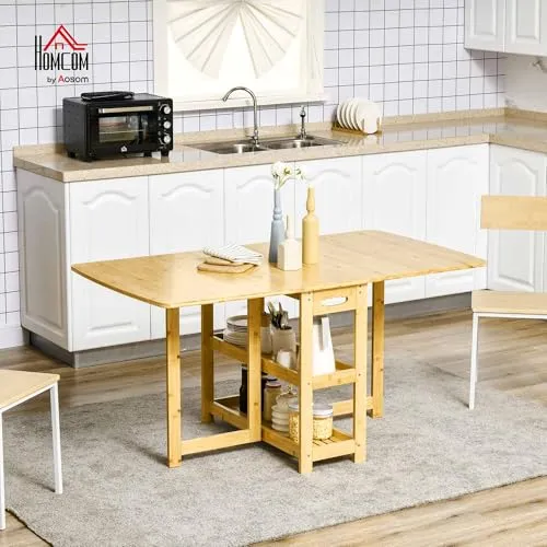 HOMCOM Table à manger pliante pour 6 personnes avec étagères - Table de cuisine et salle à manger pour petits espaces - 149,5 x 80 x 73,5 cm - Naturel