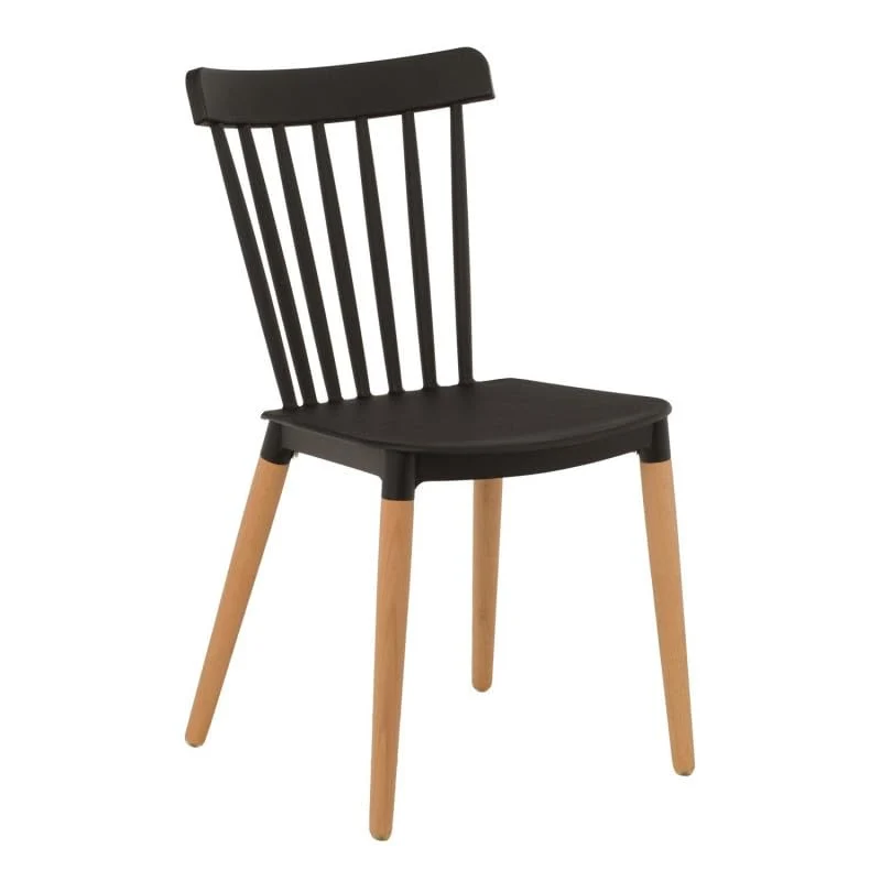 Kosmi Chaise Style scandinave à barreaux modèle Pop - Coque en résine Noire et Pieds en Bois Naturel