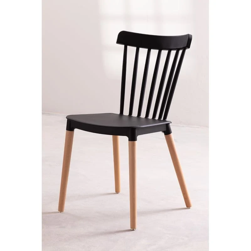 Kosmi Chaise Style scandinave à barreaux modèle Pop - Coque en résine Noire et Pieds en Bois Naturel