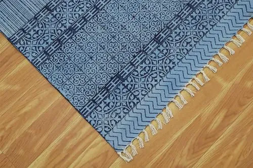 Tapis en coton imprimé à la main Motif géométrique bleu roi 0,5 cm d'épaisseur Fait à la main Utilisation intérieure ou extérieure Pour salon, chambre à coucher, salle à manger