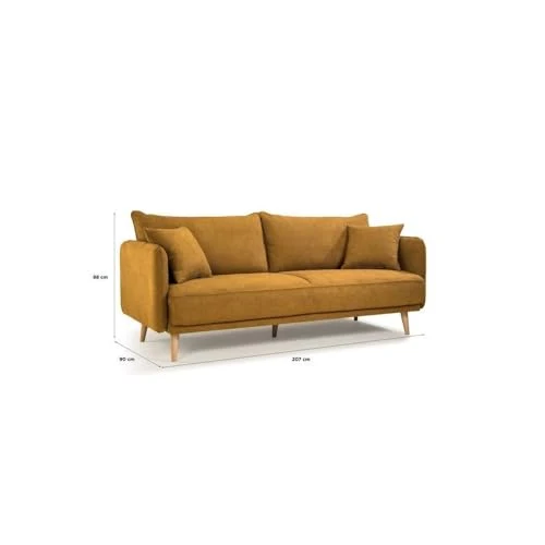 HEXAGONE Canapé Fixe 3 Places Daren - Tissu Moutarde - L 207 x P 90 x H 88 cm - Fabriqué en France
