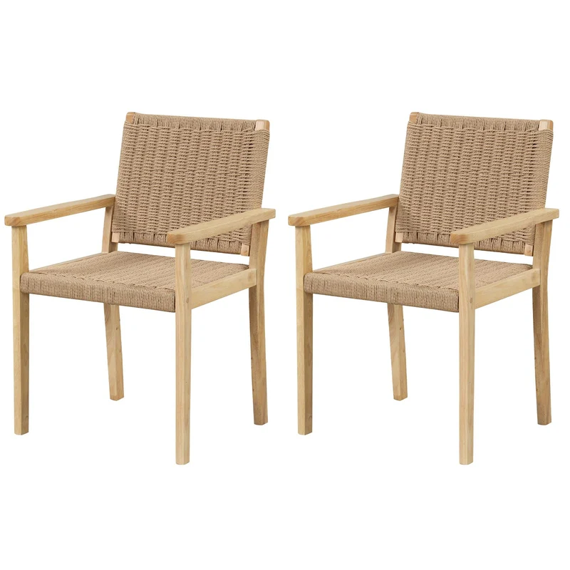 COSTWAY Ensemble de 2 Chaises de Jardin avec Cadre en Bois Massif, Chaises de Salle à Manger pour Patio avec Siège en Corde Tressée, Chaises d'Extérieur pour Balcon, Porche, Salon