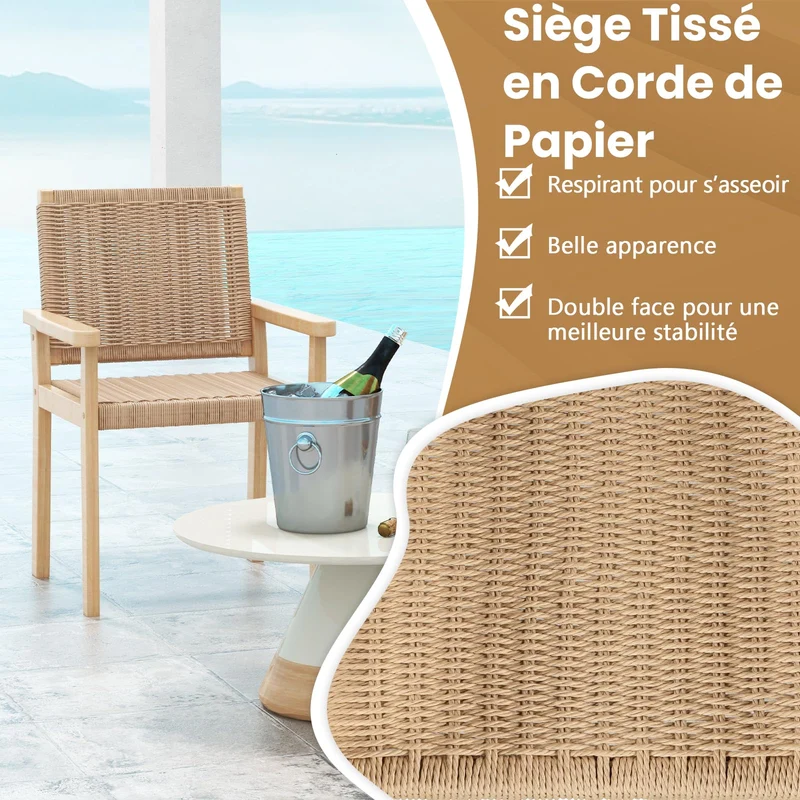 COSTWAY Ensemble de 2 Chaises de Jardin avec Cadre en Bois Massif, Chaises de Salle à Manger pour Patio avec Siège en Corde Tressée, Chaises d'Extérieur pour Balcon, Porche, Salon