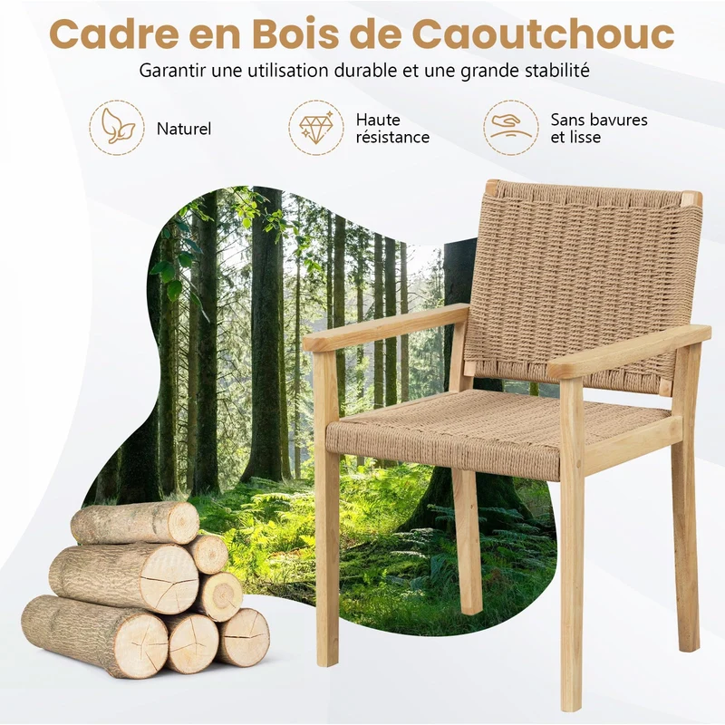 COSTWAY Ensemble de 2 Chaises de Jardin avec Cadre en Bois Massif, Chaises de Salle à Manger pour Patio avec Siège en Corde Tressée, Chaises d'Extérieur pour Balcon, Porche, Salon