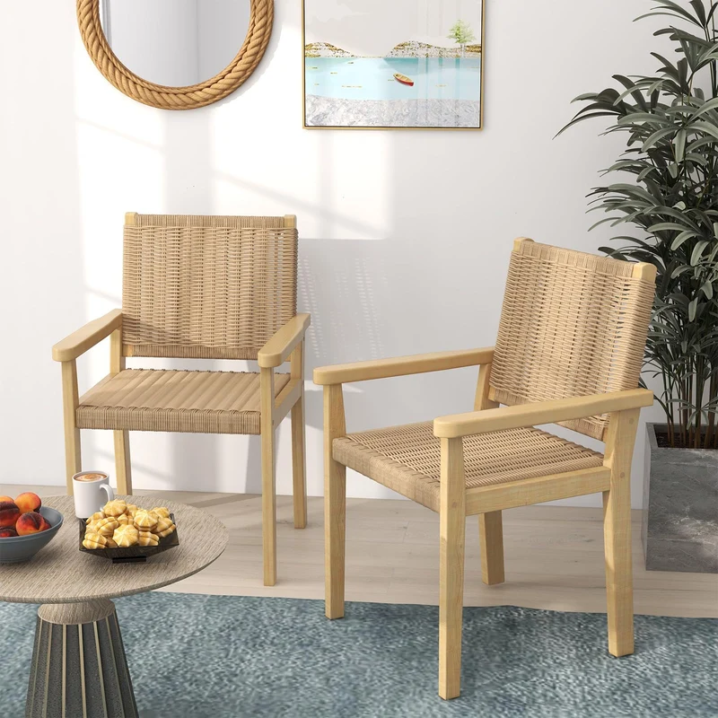 COSTWAY Ensemble de 2 Chaises de Jardin avec Cadre en Bois Massif, Chaises de Salle à Manger pour Patio avec Siège en Corde Tressée, Chaises d'Extérieur pour Balcon, Porche, Salon