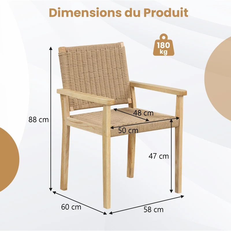 COSTWAY Ensemble de 2 Chaises de Jardin avec Cadre en Bois Massif, Chaises de Salle à Manger pour Patio avec Siège en Corde Tressée, Chaises d'Extérieur pour Balcon, Porche, Salon