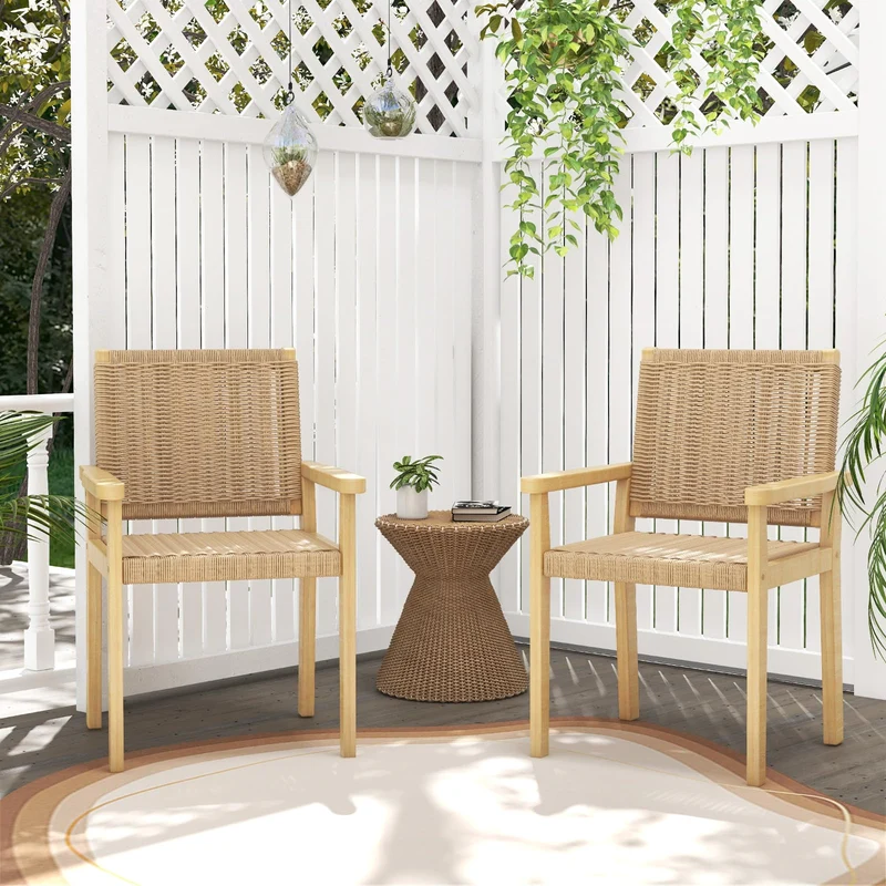 COSTWAY Ensemble de 2 Chaises de Jardin avec Cadre en Bois Massif, Chaises de Salle à Manger pour Patio avec Siège en Corde Tressée, Chaises d'Extérieur pour Balcon, Porche, Salon