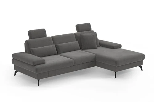 CAVADORE Moritz Canapé d'angle avec Chaise Longue, lit, Coffre de lit, réglage de la Profondeur d'assise, appuie-têtes et Pieds en métal Noir Mat, 275 x 82-107 x 171 cm, tissé à Plat, Gris