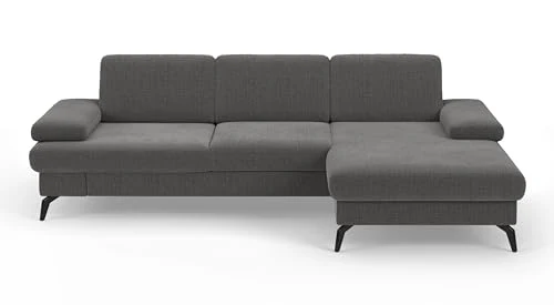CAVADORE Moritz Canapé d'angle avec Chaise Longue, lit, Coffre de lit, réglage de la Profondeur d'assise, appuie-têtes et Pieds en métal Noir Mat, 275 x 82-107 x 171 cm, tissé à Plat, Gris
