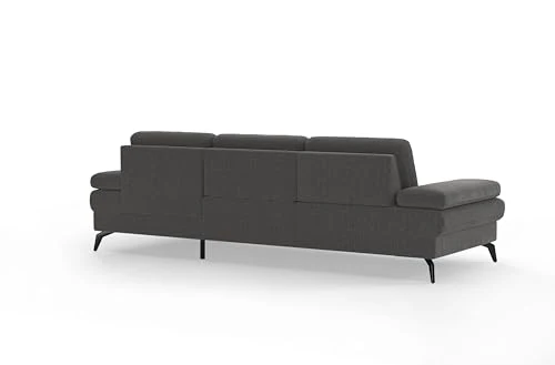 CAVADORE Moritz Canapé d'angle avec Chaise Longue, lit, Coffre de lit, réglage de la Profondeur d'assise, appuie-têtes et Pieds en métal Noir Mat, 275 x 82-107 x 171 cm, tissé à Plat, Gris