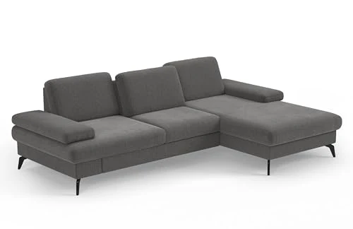 CAVADORE Moritz Canapé d'angle avec Chaise Longue, lit, Coffre de lit, réglage de la Profondeur d'assise, appuie-têtes et Pieds en métal Noir Mat, 275 x 82-107 x 171 cm, tissé à Plat, Gris