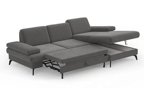 CAVADORE Moritz Canapé d'angle avec Chaise Longue, lit, Coffre de lit, réglage de la Profondeur d'assise, appuie-têtes et Pieds en métal Noir Mat, 275 x 82-107 x 171 cm, tissé à Plat, Gris