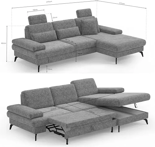 CAVADORE Moritz Canapé d'angle avec Chaise Longue, lit, Coffre de lit, réglage de la Profondeur d'assise, appuie-têtes et Pieds en métal Noir Mat, 275 x 82-107 x 171 cm, tissé à Plat, Gris