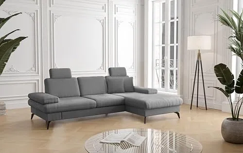 CAVADORE Moritz Canapé d'angle avec Chaise Longue, lit, Coffre de lit, réglage de la Profondeur d'assise, appuie-têtes et Pieds en métal Noir Mat, 275 x 82-107 x 171 cm, tissé à Plat, Gris