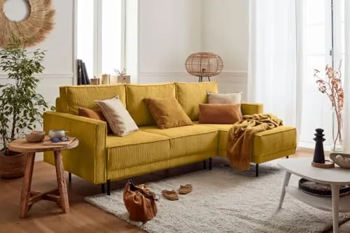 Lisa Design - Canapé d'angle Convertible avec Coffre Réversible Charlie en Velours Côtelé - Canapé Lit - Sofa Jaune 4 Places - Angle Droit - ou Gauche - Salon