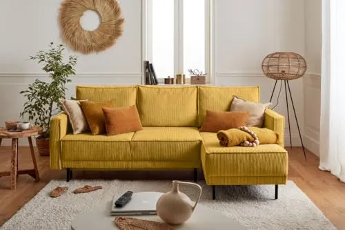 Lisa Design - Canapé d'angle Convertible avec Coffre Réversible Charlie en Velours Côtelé - Canapé Lit - Sofa Jaune 4 Places - Angle Droit - ou Gauche - Salon