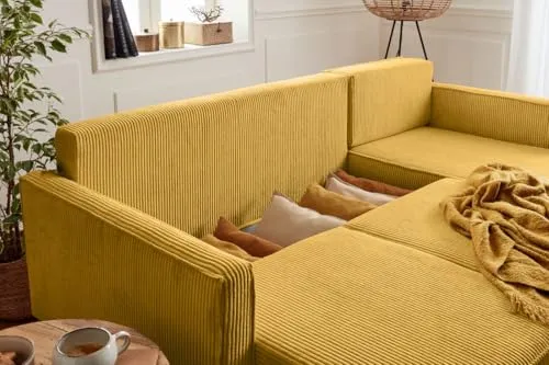 Lisa Design - Canapé d'angle Convertible avec Coffre Réversible Charlie en Velours Côtelé - Canapé Lit - Sofa Jaune 4 Places - Angle Droit - ou Gauche - Salon
