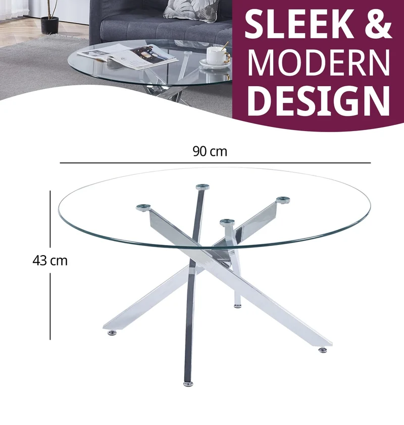 Hallowood Furniture Cullompton Table basse en métal avec plateau en verre, table en verre avec 4 pieds chromés croisés, petite table centrale, table basse ronde pour salon