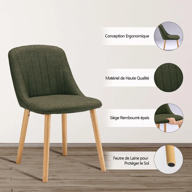 Goeurvant Chaises Salle à Manger Pieds Bois Lot de 4, Chaises Lin de Cuisine avec Dossier, Chaises Salon Modernes et Moelleuse, Vertes