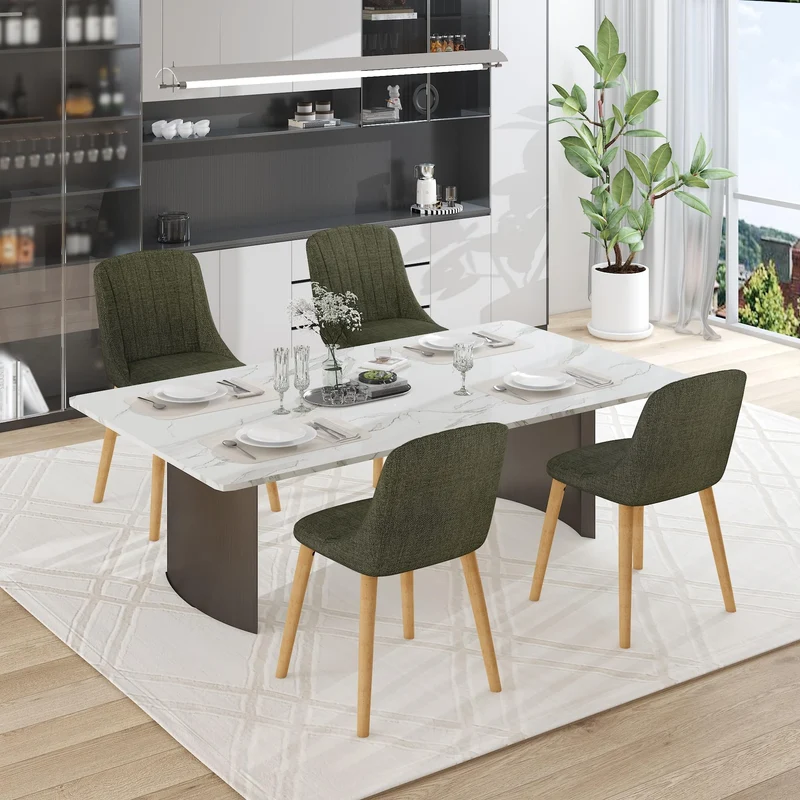 Goeurvant Chaises Salle à Manger Pieds Bois Lot de 4, Chaises Lin de Cuisine avec Dossier, Chaises Salon Modernes et Moelleuse, Vertes