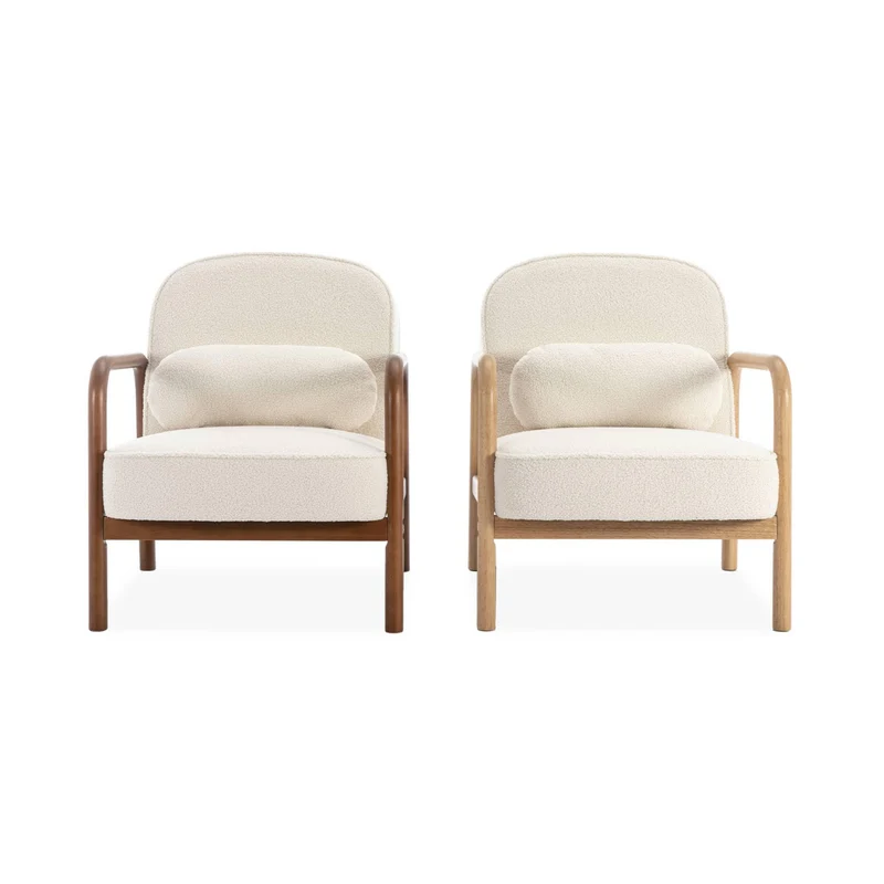 sweeek - Fauteuil scandinave Bois d'hévéa Finition Noyer Clair et Dossier Arrondi en Bouclette Blanche - Amelie