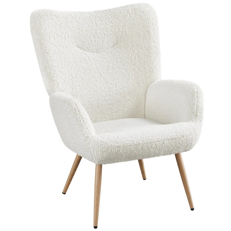 Yaheetech Fauteuil Scandinave en Tissu Bouclette Chaise d'appoint avec Haut Dossier Amovible Capiton Courbé Pieds Fuselés pour Salon Bureau Chambre Blanc