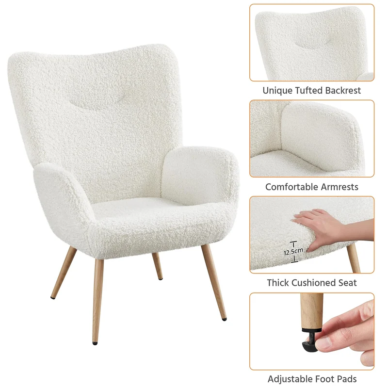 Yaheetech Fauteuil Scandinave en Tissu Bouclette Chaise d'appoint avec Haut Dossier Amovible Capiton Courbé Pieds Fuselés pour Salon Bureau Chambre Blanc