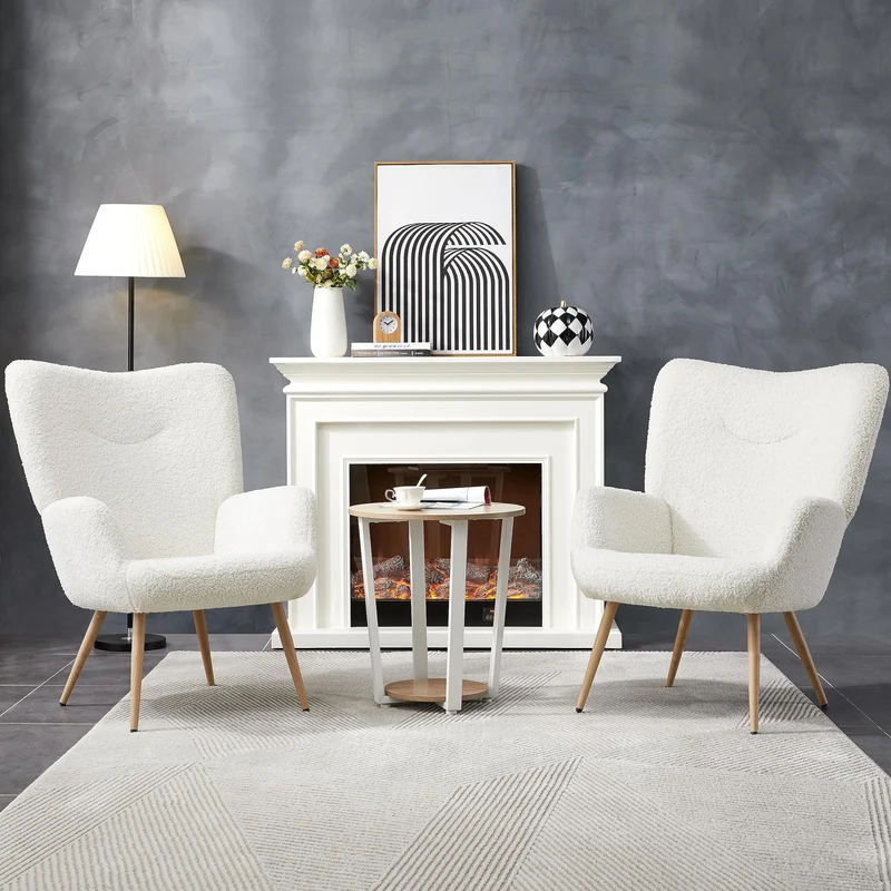 Yaheetech Fauteuil Scandinave en Tissu Bouclette Chaise d'appoint avec Haut Dossier Amovible Capiton Courbé Pieds Fuselés pour Salon Bureau Chambre Blanc