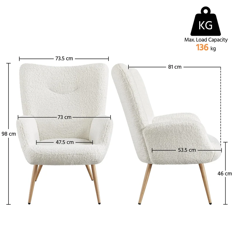 Yaheetech Fauteuil Scandinave en Tissu Bouclette Chaise d'appoint avec Haut Dossier Amovible Capiton Courbé Pieds Fuselés pour Salon Bureau Chambre Blanc