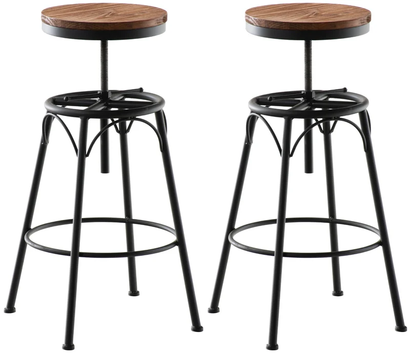 CLP Lot de 2 tabourets de Bar Beam Style Industriel I Hauteur réglable I Siège en Bois et piètement en métal, Couleur:Noir