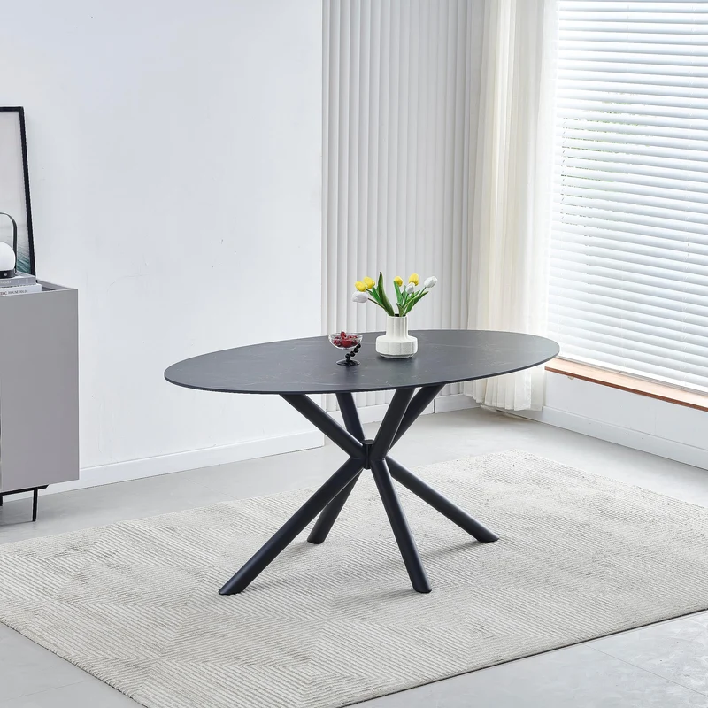 Casa Vital Melisana Table de salle à manger ovale en pierre frittée avec pieds en métal Noir mat 160 x 90 x 76 cm Charge maximale 50 kg