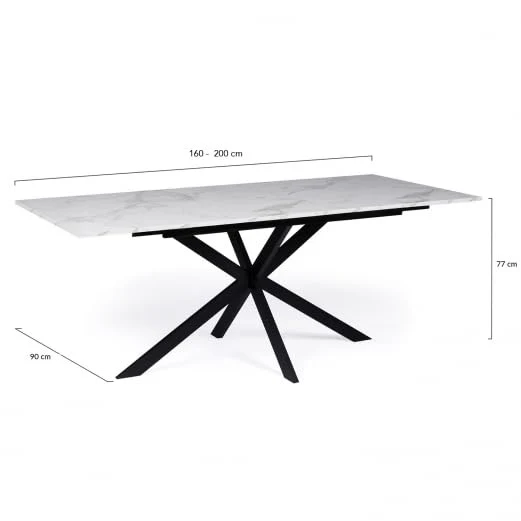 IDMarket - Table à Manger Extensible Rectangle Alix 6-10 Personnes Pied araignée Noir Plateau Effet marbre Blanc Alaska 160-200 cm