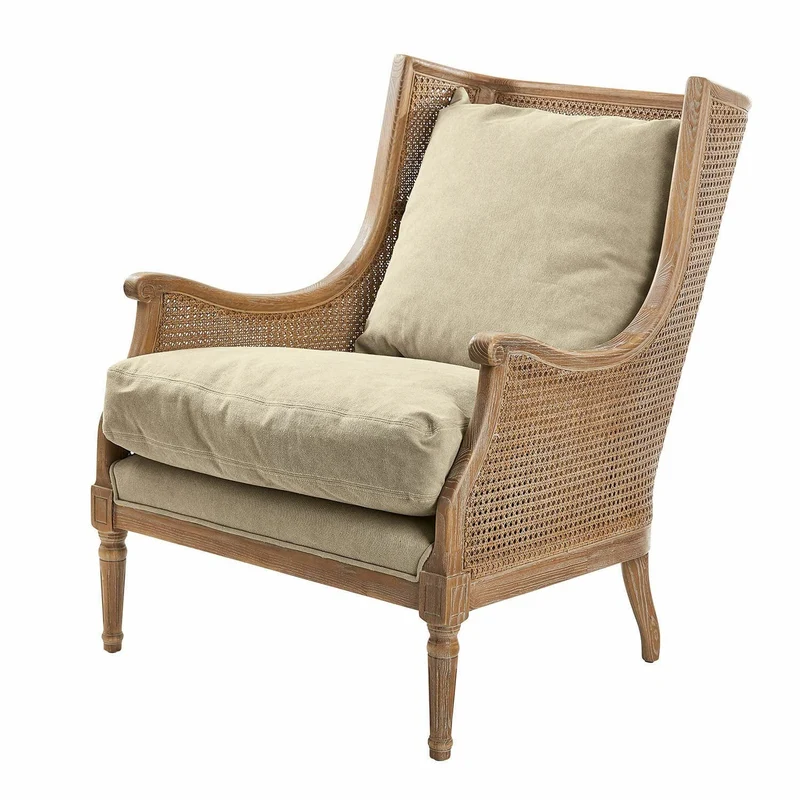 Loberon Greenbrier - Fauteuil rembourré confortable - Finition antique authentique - Tressé à la main - Coton - Rotin - Bois de frêne - Marron antique / Beige