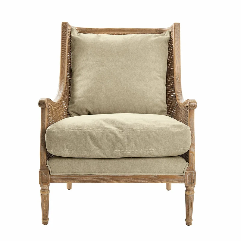 Loberon Greenbrier - Fauteuil rembourré confortable - Finition antique authentique - Tressé à la main - Coton - Rotin - Bois de frêne - Marron antique / Beige