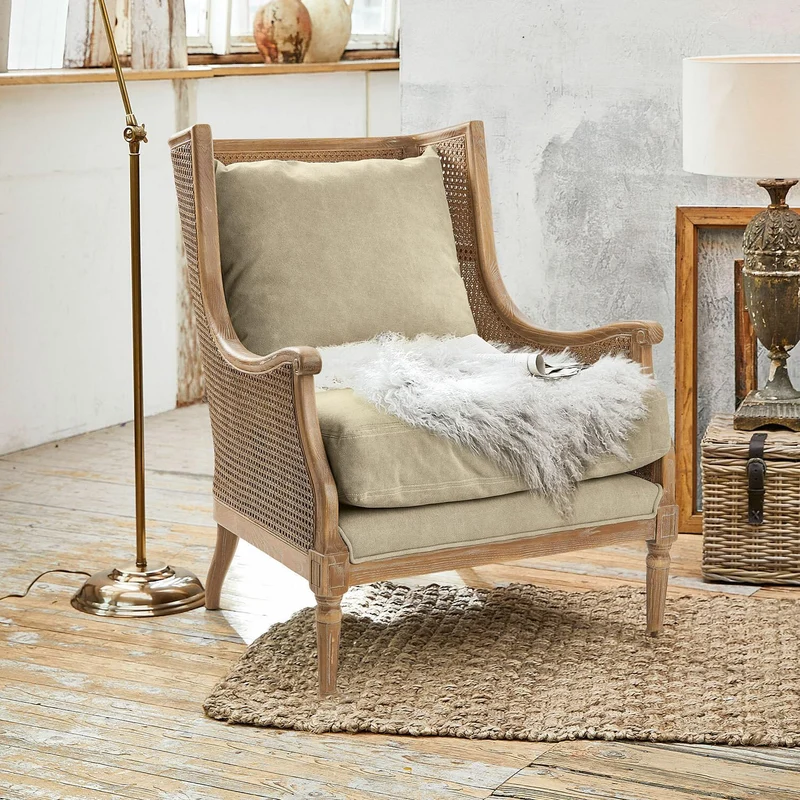 Loberon Greenbrier - Fauteuil rembourré confortable - Finition antique authentique - Tressé à la main - Coton - Rotin - Bois de frêne - Marron antique / Beige