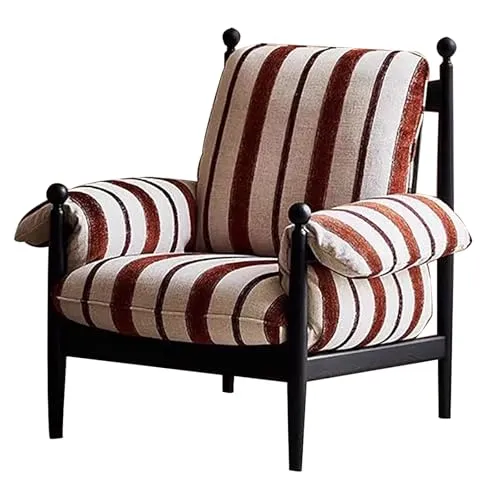 Fauteuil Moderne en Lin Rayé, Petit Fauteuil Rembourré avec Pieds en Bois, pour Chambre et Lecture(Red)