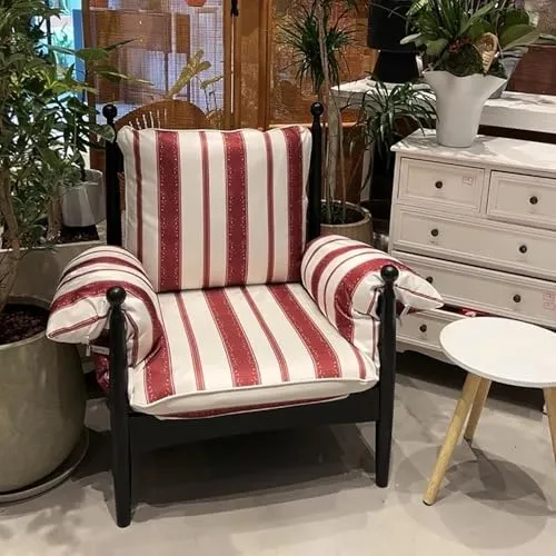 Fauteuil Moderne en Lin Rayé, Petit Fauteuil Rembourré avec Pieds en Bois, pour Chambre et Lecture(Red)