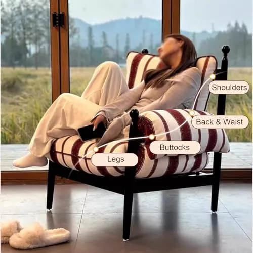 Fauteuil Moderne en Lin Rayé, Petit Fauteuil Rembourré avec Pieds en Bois, pour Chambre et Lecture(Red)