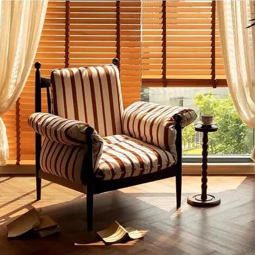 Fauteuil Moderne en Lin Rayé, Petit Fauteuil Rembourré avec Pieds en Bois, pour Chambre et Lecture(Red)