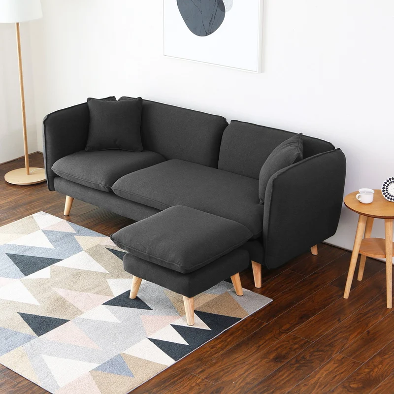 CONCEPT USINE - Canapé Scandinave Isko 3 Places Gris Anthracite - Canapé Nordique Moderne avec Ottoman Pouf - Largeur 203 cm - Tissu 100% Polyester - Facile À Entretenir, Design Moderne, Résistant