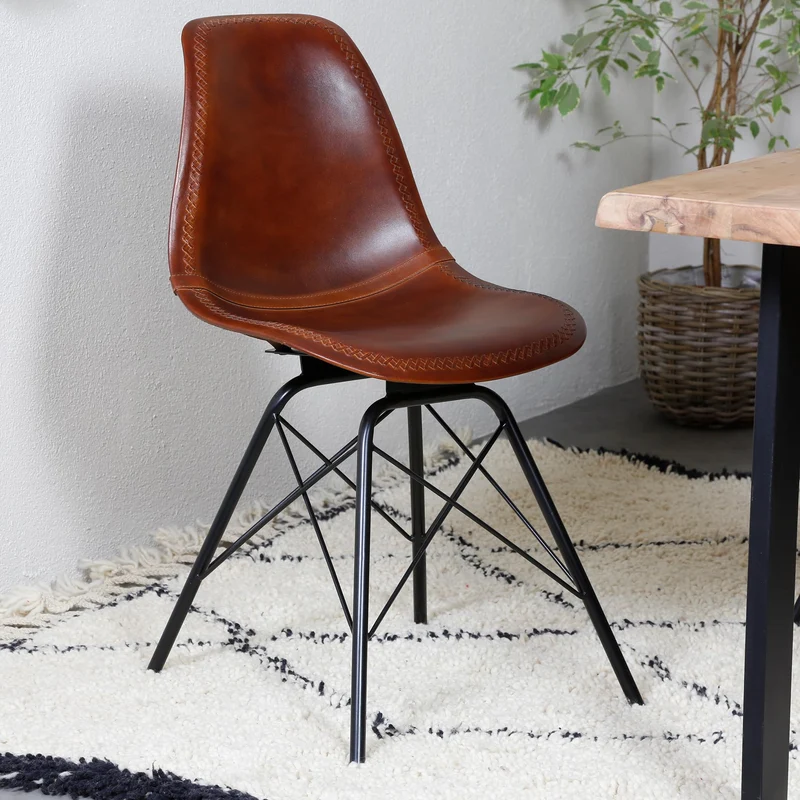 Casa Moro Chaise de salle à manger, en cuir véritable, marron, structure en métal, chaise de salle d'attente, de conférence, moderne